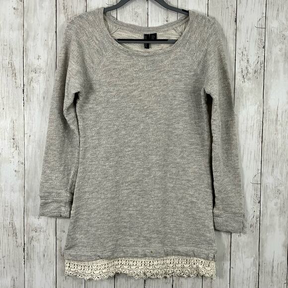 Cynthia Rowley Gray Long Sleeve Eyelet Lace Accent Cotton Sweater Large - Picture 1 of 9